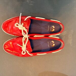 Cole Haan Glossy Red Loafers with White Accents